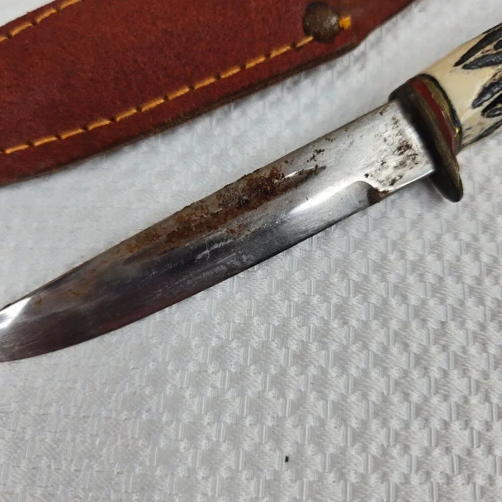Vintage 60s Fixed Blade Dagger Knife Stag Handle Leather Sheath Japan EA Co